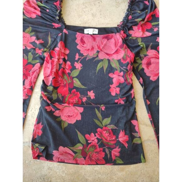 Jolie & Joy Top Womens Size Medium Square Elastic Neck Black Floral Long Sleeve - Picture 3 of 7